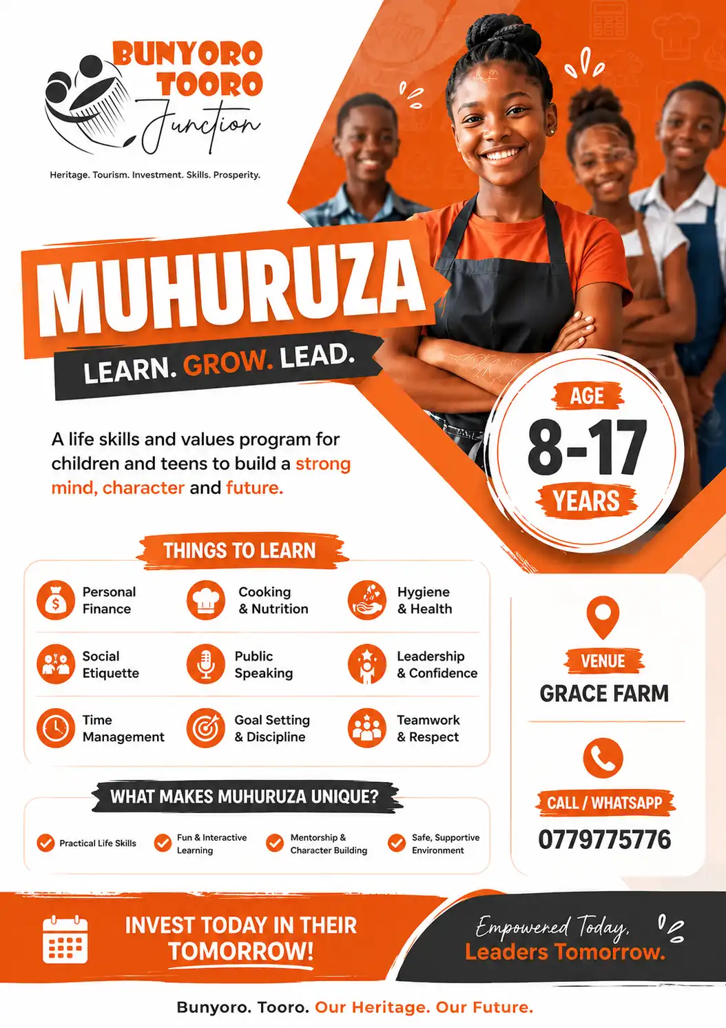 Muhuruza flyer — Learn. Grow. Lead. Youth mentorship camp